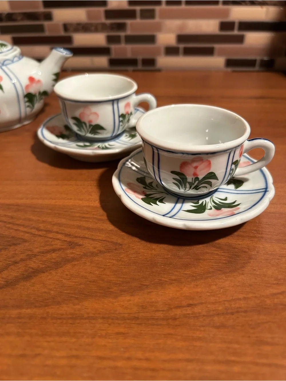 Vintage Child Size Hand-Painted Floral Tea Set - White with Pink w Green Accents